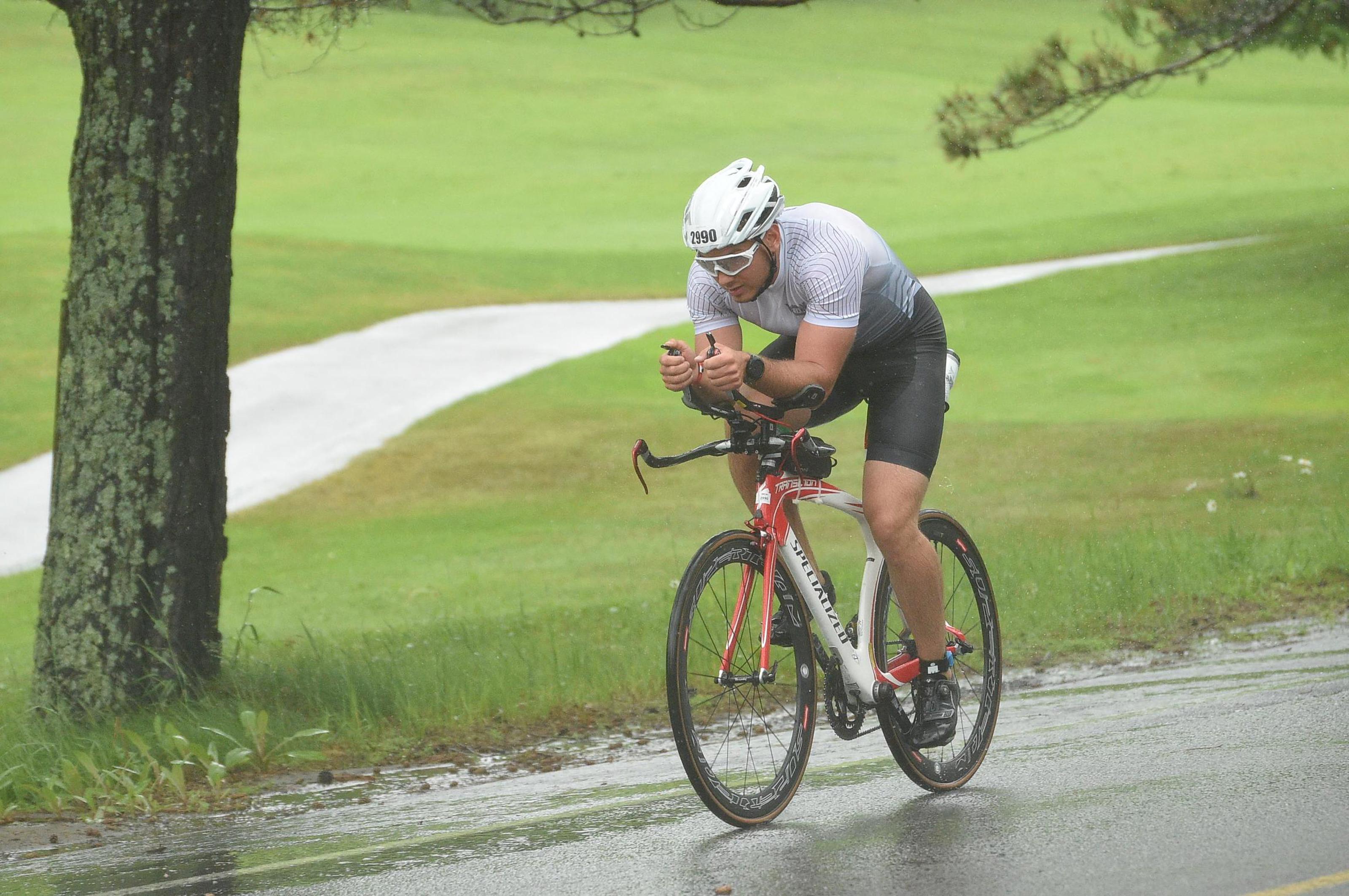 Martin Lavigne cycling in rain at Mont-Tremblant